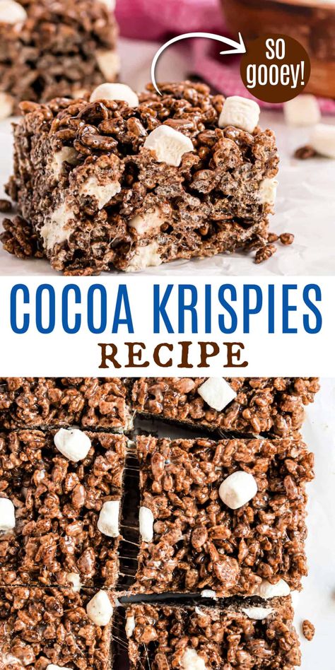 Hot Cocoa Rice Krispie Treats, Cereal Rice Krispie Treats, Coco Krispie Treats, Cocoa Rice Krispie Treats, Cocoa Pebbles Rice Crispy Treats, Cocoa Krispie Treats Recipes, Cocoa Crispy Treats, Kid Friendly Desserts, Cocoa Krispie Treats