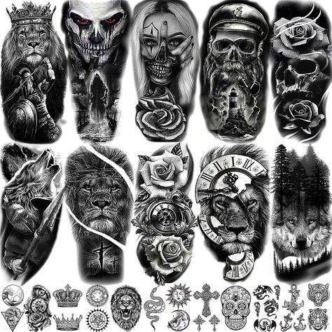 Cover Up Tattoos For Men Arm, Half Arm Sleeve Tattoo, Cover Up Tattoos For Men, Arm Sleeve Tattoos For Women, Rose Flower Tattoos, Realistic Temporary Tattoos, Men Tattoos Arm Sleeve, Skeleton Tattoos, Half Sleeve Tattoos For Guys