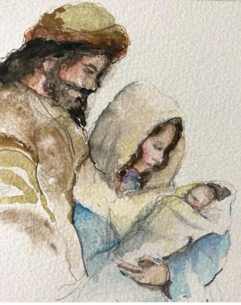 Nativity Illustration Modern, Watercolor Manger Scene, Baby Jesus Watercolor, Watercolor Christmas Art, Clover Craft, Watercolor Painting Easy, Jesus Christ Illustration, Nativity Painting, Jesus Christ Art