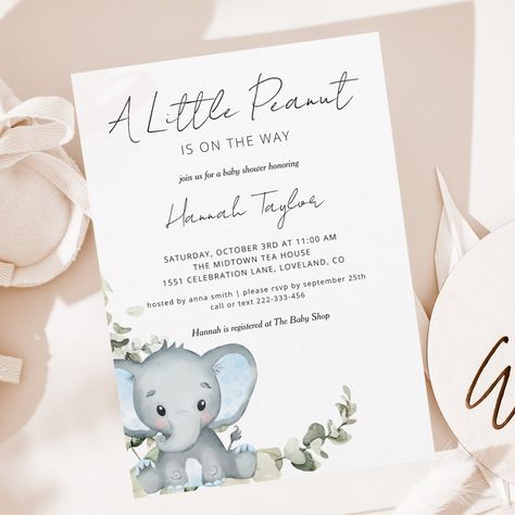 Elephant Baby Shower Theme Boy, Peanut Baby Shower, Elephant Baby Shower Boy, Baby Shower Souvenirs, Elephant Baby Shower Theme, Elephant Shower, Watercolor Eucalyptus, Elephant Baby Shower Invitations, Elephant Baby Showers