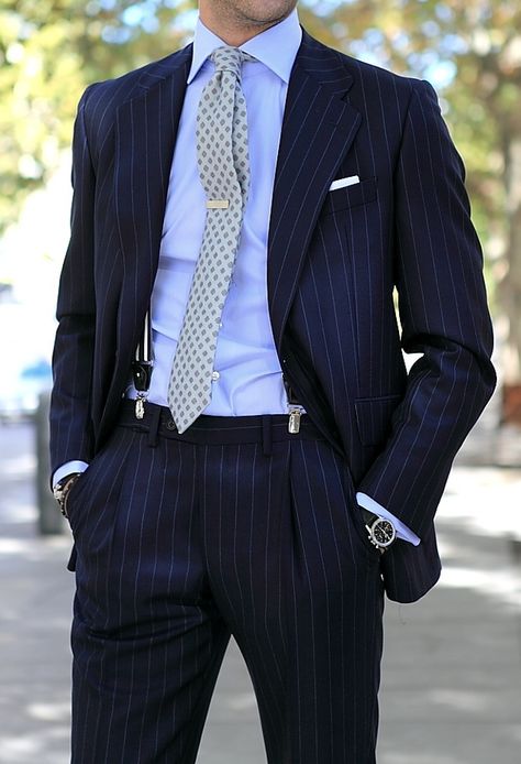 Dark blue Striped suit Striped Blazer Outfit, Blue Striped Suit, Terno Slim Fit, Stripe Suit, A Man In A Suit, Der Gentleman, Man In A Suit, Classy Suits, Designer Suits For Men