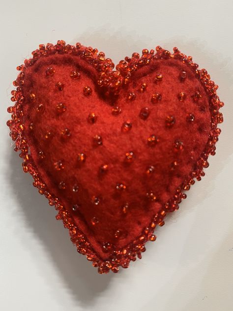 Fabric Heart Christmas Ornaments, Hand Beaded Embroidery, Embroidery Hearts, Beaded Heart, Felt Embroidery, Velvet Heart, Handmade Heart, Textile Jewelry, Heart Ornament