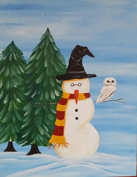 Harry Potter Wall Collage, Harry Potter Canvas Painting, Harry Potter Painting, Listen To Christmas Music, Harry Potter Wall, Christmas Paintings On Canvas, Harry Potter Christmas, Painting Party, Easy Canvas Painting