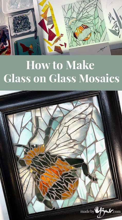 How to Make Glass on Glass Mosaics - Made By Barb - tutorial Stained Glass Diy Tutorials, Glass Mosaic Diy, Stained Glass Mosaic Patterns, Broken Glass Crafts, Stained Glass Mosaic Art, Mosaic Art Diy, Glass Window Art, Mosaic Art Projects, Mosaic Stained