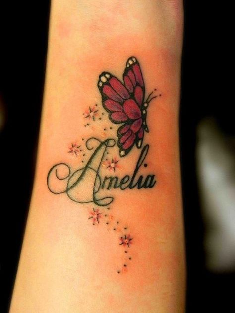 Cute Red Butterfly Followed By Name. Awesome idea for wrist tattoo.  #Tattoo #Inked #WomenTriangle Tato Nama, Butterfly Name Tattoo, Name Tattoos For Moms, 3d Butterfly Tattoo, Name Tattoos On Wrist, Baby Name Tattoos, Butterfly Wrist Tattoo, Small Butterfly Tattoo, Tattoos With Kids Names