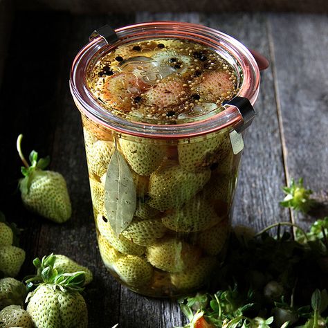 Pickled Green Strawberries Pickled Strawberries, Green Strawberries, Strawberry Vinegar, Pickled Fruit, Yellow Mustard Seeds, Green Strawberry, Caraway Seeds, Onion Recipes, Pickled Onions