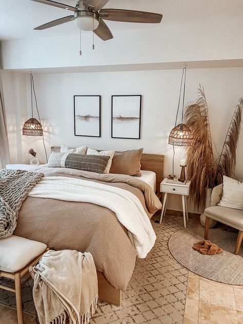 Neutral cozy layered boho bedroom Light Tan Bedding, Bedroom With Brown Bedding, Khaki Comforter Bedroom Ideas, Light Brown Room Decor, Cream Decor Bedroom, Beige Bedding With Color, Neutral Boho Bedding, Beige Waffle Bedding, Neutral Room Ideas Bedrooms