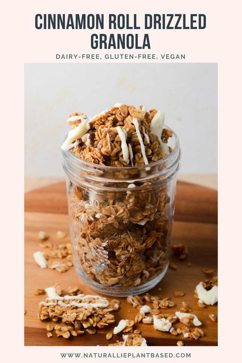 This Cinnamon Roll Drizzled Granola is crunchy & sweet with cinnamon-spiced oats and a drizzle of white chocolate icing. A perfect snack at home! Cinnamon Roll Granola, Cinnamon Granola Recipe, Snack At Home, White Chocolate Icing, Cinnamon Granola, Produce Recipes, Baking Treats, Amazing Breakfast, Refined Coconut Oil