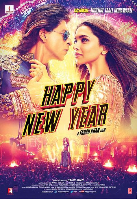 Happy New Year (2014). Gotta give it to this movie for bright lights and colourful scenes. Love the funny bits, but yet again, no memorable songs. New Year Review, Happy New Year Movie, New Year Movie, Bollywood Poster, Movie Character Posters, New Years Song, Srk Movies, Happy New Year 2014, Year Review