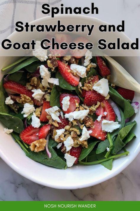 Strawberry Goat Cheese Salad is an excellent combination of sweet and savory. The sweetness of the strawberries and the delicious flavors of goat cheese and spinach are perfect together. Not only is the flavor combination outstanding, but you will also get a ton of nutrients! Delicious and nutritious, my favorite! Spinach Goat Cheese Salad, Strawberry Goat Cheese Salad, Strawberry Goat Cheese, Strawberry Spinach, Beautiful Salad, Spinach Strawberry Salad, Summer Menu, Walnut Salad, Strawberry Salad