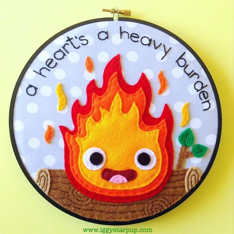 Calcifer Embroidery, 2017 (SOLD) Studio Ghibli Crafts, Heavy Burden, Sewing Stuffed Animals, Felt Embroidery, Anime Crafts, Hayao Miyazaki, Felt Diy, Crafty Craft, Felt Toys