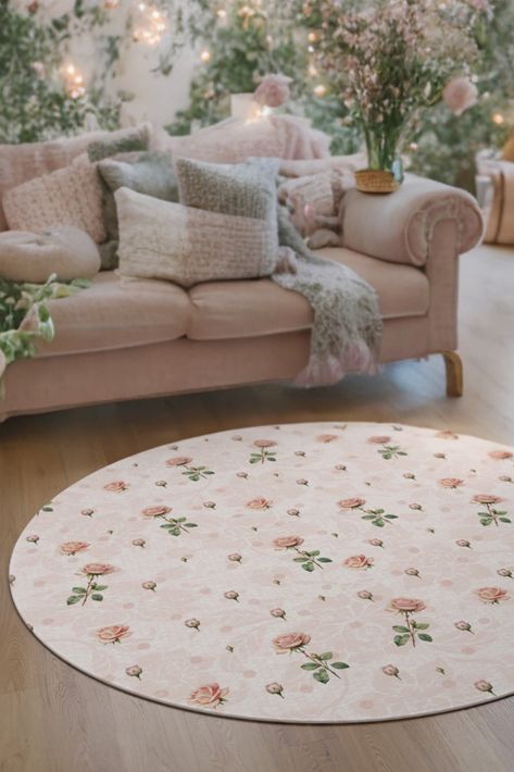 coquette living room with dusty pink rug with roses Cottage Area Rugs, Cottagecore Rug Aesthetic, Coquette Room Rug, Coquette Rug, Coquette Living Room, Pink Room Cottagecore, Cottagecore Rug, Cottagecore Living Room, Cottagecore Bedroom