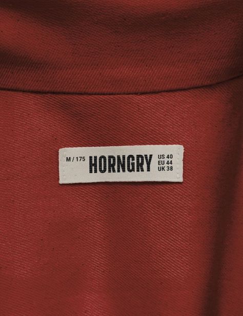 Horngry | Clothing brand identity Clothing Brand Typography, Fashion Label Design Branding, Packaging For Clothing Brand, Shirt Label Design, Tshirt Brand Logo, Clothes Brand Logo, Clothing Brand Packaging, Clothing Brand Branding, Brand Identity Fashion