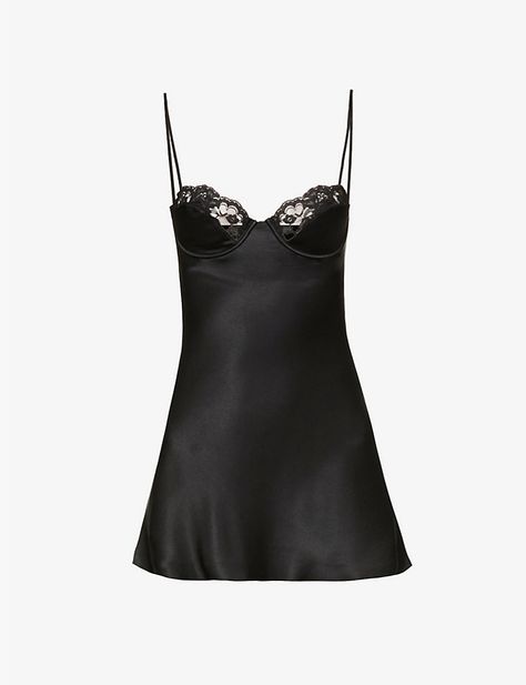 MIRROR PALAIS - Lace-trim silk-satin mini slip dress | Selfridges.com Black Mini Silk Dress, Silk Lingerie Dress, Minimalist Dressing, Silky Mini Dress, Mini Dress Silk, Clothing Png, Dress Png, Mirror Palais, 2023 Mood