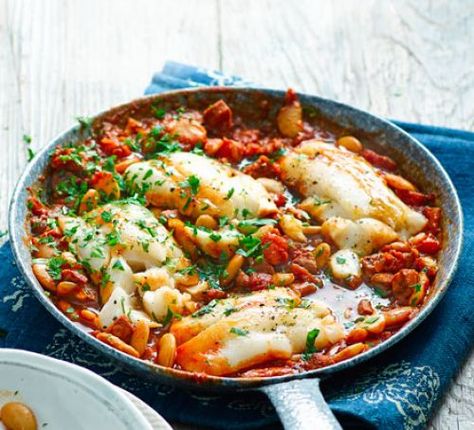 Cod Stew, Sauce Chorizo, Chorizo Stew, Fish Supper, Tesco Real Food, Midweek Meals, Bbc Good Food Recipes, Calamari, Drink Recipe