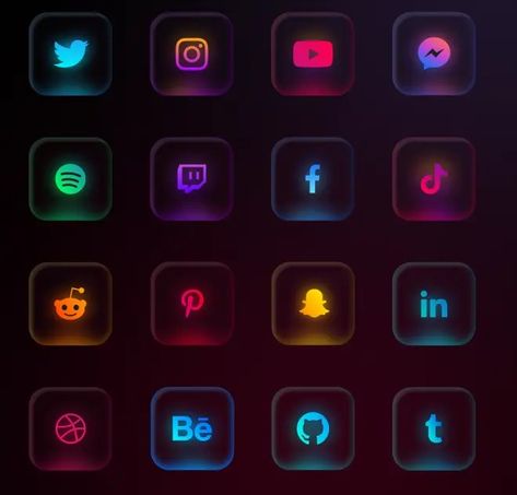 16 Glassmorphism Neon Social Icons Neon Social Media Design, Category Ui Design, Glowing Icons, Glassmorphism Ui, Banner Template Photoshop, Illustration Software, Interactive Web Design, Icon Set Design, Free Icon Set