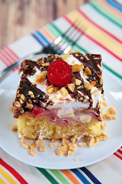 Banana Split Poke Cake - Plain Chicken Cake Dessert Recipes, Poke Cake Recipe, Banana Split Cake, Split Cake, Cake Form, Pineapple Strawberry, Banana Cake Recipe, Poke Cake Recipes, Plain Chicken