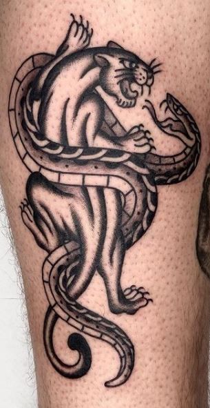 Snake Panther Tattoo, Old School Black Panther Tattoo, Snake And Panther Tattoo, Jaguar And Snake Tattoo, Traditional Tattoos Panther, Crawling Panther Tattoo Flash, Panther Snake Tattoo Traditional, Black Panther Tattoos, American Traditional Panther