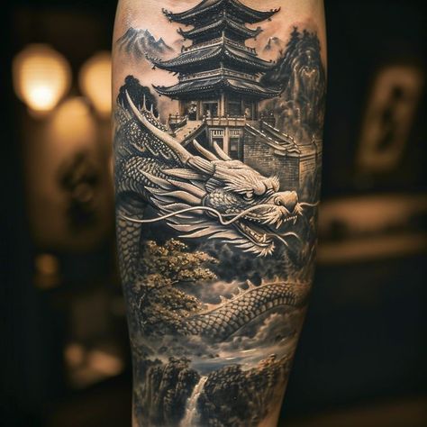 Unique Dragon Tattoo, Half Sleeve Tattoos Sketches, Samurai Tattoo Sleeve, Jungle Tattoo, Mangas Tattoo, Asian Dragon Tattoo, Japanese Tattoos For Men, Dragon Tattoo Ideas, Tattoo Japanese Style