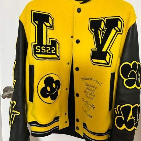 Yellow & Black Louis Vuitton varsity jacket. Louis Vuitton Varsity Jacket, Lv Jacket, Yellow Varsity Jacket, Louis Vuitton Jacket, Varsity Jacket Outfit, Black Louis Vuitton, New School Year, Performing Arts, Green Jacket