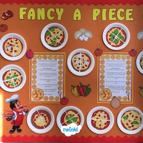 Practice fractions with this inspiring classroom display idea from Donna. Use pizza to encourage your class to learn about fractions with our free pizza fraction cut and stick activity. Click to download and discover more engaging maths activities from Twinkl.   #pizza #fractions #classroomdisplay #display #fractionideas #teaching #teach #teachingresources #twinkl #twinklresources #freeteachingresources #classroomideas #maths #mathsideas #ks1maths #mathsdisplay #mathsteacher #school #education Math Display, Fraction Wall, Pizza Display, Pizza Fractions, Ks1 Maths, Maths Display, Earth Day Posters, Piece Of Pizza, Teaching Fractions