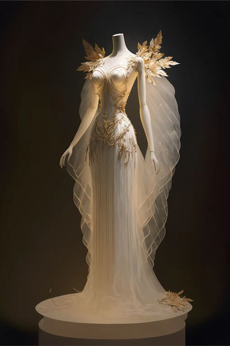 Dove Inspired Dress, Fantasy Dress White And Gold, Winged Wedding Dress, Wind Inspired Dresses, Moon Goddess Aesthetic Dress, White And Gold Goddess Dress, Sun Ballgown, Ethereal Goddess Dress, Ethereal Dress Goddesses Gowns