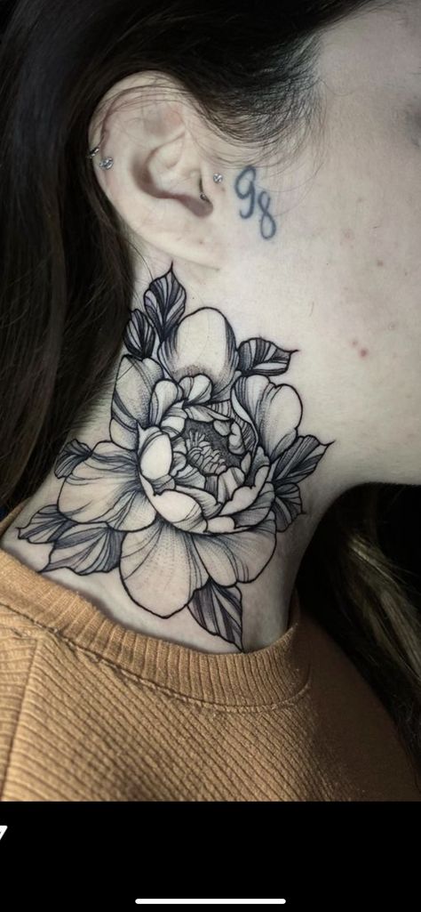 Peonie Neck Tattoo, Fine Line Tattoo Color, Ornamental Neck Tattoos Women, Middle Neck Tattoos Women, Flower Neck Tattoos Women, Full Neck Tattoos Women, Delicate Neck Tattoo, Girly Neck Tattoos, Flower Tattoo Neck