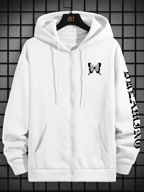 Men Letter Graphic Zip Up Drawstring Thermal Lined Hoodie Without Tee White Casual  Long Sleeve Fabric Letter,Butterfly Zip Up Slight Stretch  Men Clothing, size features are:Bust: ,Length: ,Sleeve Length: Wearing Outfits, Men Hoodies, Lined Hoodie, Zip Hoodies, Men's Knit, Drawstring Hoodie, Oversize Hoodie, White Casual, Men Clothing