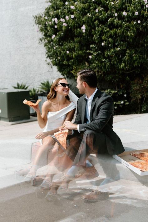 Who wouldn't want to eat pizza after saying "I do" to the love of your life!? | Sarah Yates Photo | This Little Italy elopement styled shoot had all the courthouse wedding vibes with personal touches like eating pizza on the side of the road. Yes, please. More inspo up on the blog. Pizza Couples, Pizza Wedding, Little Italy San Diego, Marriage Photo, Elopement Styled Shoot, Italy Elopement, San Diego Elopement, Florence Wedding, Eating Pizza