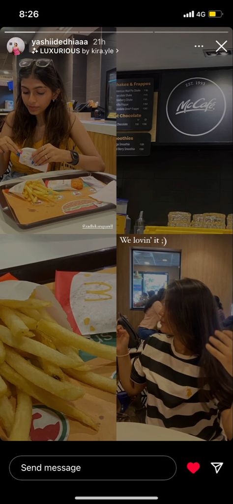 McDonald’s instagram story idea going out with friend layout of four pictures inspo Mcdonald’s Instagram Story, Mcdonalds Aesthetic Caption, Food Date Captions Instagram, Mcdonalds Captions For Instagram, Date With Sister Caption, Date Stories Instagram, Fries Captions Instagram, Instagram Date Story Ideas, Friends Date Instagram Story