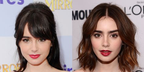 Hide THOSE brows? Under THOSE bangs? You've got to be kidding.   - MarieClaire.com Lily Collins Bangs, Bangs Vs No Bangs, With And Without Bangs, Celebrity Bangs, Lily Collins Hair, No Bangs, Hair Bangs, Got To Be, Lily Collins