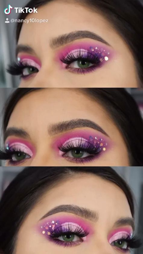 Colorful Eye Makeup With Glitter, Pink Purple Eyeshadow, Purple Makeup Looks, Coachella Makeup, Boho Makeup, Make Carnaval, Sparkly Makeup, Show Makeup, Carnival Makeup