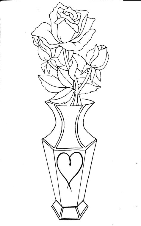 Vase of Roses Vase Of Roses Tattoo, Rose In Vase Drawing, Vase Drawing Simple, Vase Doodle, Floral Outlines, Flower Vase Drawing, Vase Drawing, Vase Of Roses, Drawing Embroidery