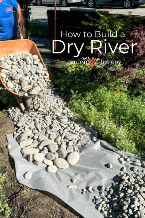 Pin image for how to build a dry river Diy Dry Creek Bed For Drainage, Dry River Bed Landscape Yard Ideas, Rainscaping Ideas, Dry Stream Bed Landscaping, Dry Creek Bed For Drainage, Dry Creek Bed Landscape, Stream Landscaping, Dry Riverbed Landscaping, Dry River Bed