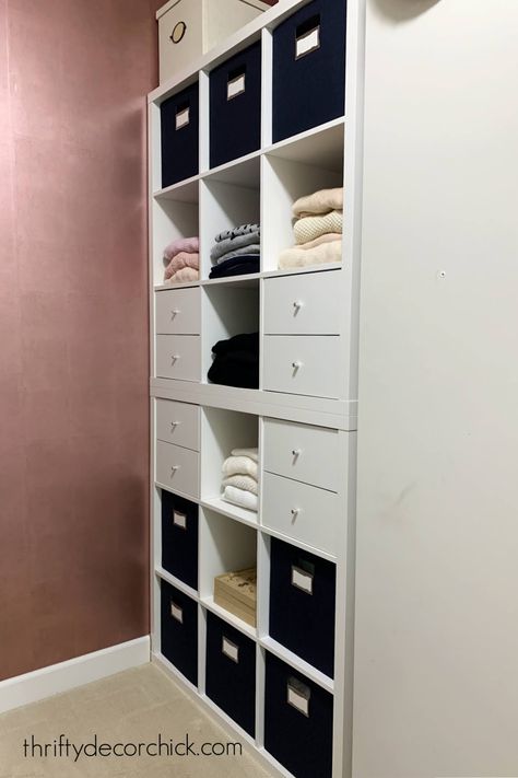 Built In Ikea Kallax Closet Storage {A Budget Friendly Hack} | Thrifty Decor Chick | Thrifty DIY, Decor and Organizing Ikea Kallax Closet, Kallax Closet, Ikea Closet Hack, Ikea Cubes, Diy Walk In Closet, Custom Closet Storage, Closet Units, Cubby Bins, Kallax Shelf Unit