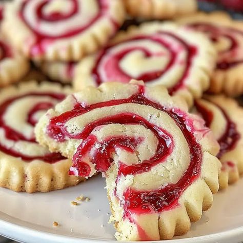 Raspberry Shortbread Cookies Recipes, Shortbread Swirl Cookies, Raspberry Swirl Shortbread, Raspberry Butter Cookies, Raspberry Pinwheel Cookies, Raspberry Swirl Cookies, Raspberry Swirl Shortbread Cookies, Raspberry Cookies Recipes, Baked Goods For Christmas Gifts