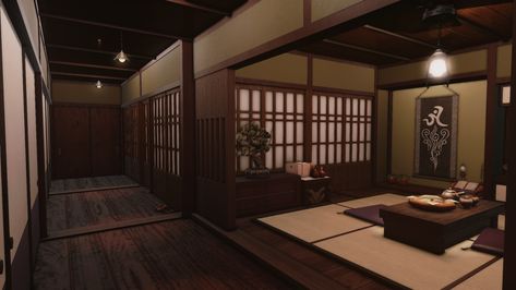 <3 Rich Traditional Japanese House, Japanese Mansion Traditional Interior, Japanese Traditional Living Room, Japanese Home Bloxburg, Japanese Victorian House, Ffxiv Japanese Housing, Ffxiv Medium House Ideas, Ffxiv Housing Medium, Old Japanese House Interior