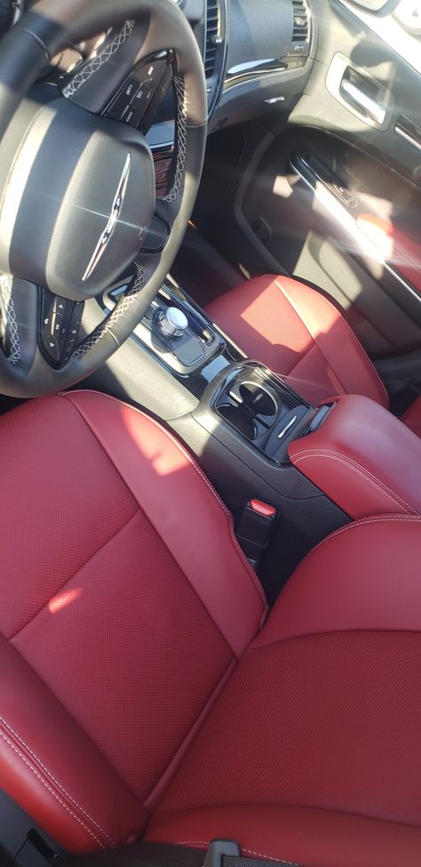 Interior on the Red S package White Car Red Interior, Red Interior Design Car, Cars With Red Interior, Chrysler 300 Custom Interior, Chrysler 300 Interior Ideas, Red Car Interior Decor, Car With Red Interior, Chrysler 300 Interior, Red Car Interior