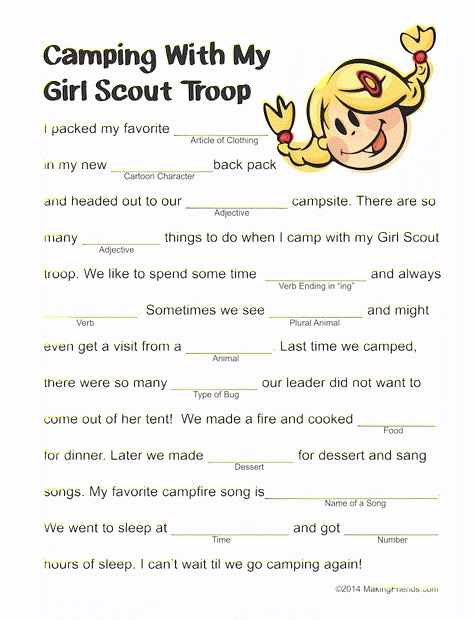 Girl Scout camping Mad LIb. Free printable available at MakingFriends.com Girl Scout Camping Activities, Camping Songs, Scout Camping Activities, Girl Scouts Games, Girl Scout Daisy Activities, Girl Scout Meeting Ideas, Girl Scouts Cadettes, Camp Songs, Scout Mom