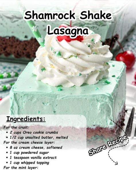 Granny's Secret Kitchen | Celebrate with a slice of Shamrock Shake Lasagna | Facebook Shamrock Shake Pie, Shamrock Shake Lasagna, Shamrock Lasagna, Secret Kitchen, Lasagna Ingredients, Custard Pudding, Shamrock Shake, Crockpot Recipe, Cookie Crumbs