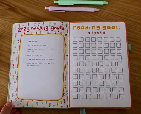 Reading Journal Goals Page, Reading Journal Goals Spread, Katie Is Reading Journal, Rachel Catherine Reading Journal, Reading Journal Goals, Reading Goals Bullet Journal, 2024 Reading Journal, Reading Journal Cover Page, Reading Journal Spreads