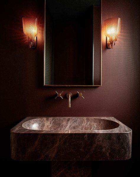 Project of a guest toilet in burgundy shades in an apartment in Milan. Solid marble washbasin. Nicolazzi mixer. Argile wall paint. We can combine all the elements according to the best conditions for the client. @argilepeinture @officinanicolazzi Burgundy Bathroom Ideas, Burgundy Bathroom, Burgundy Room, Cornwall Garden, Burgundy Shades, Bath Paint, All The Elements, Pink And Burgundy, Guest Toilet