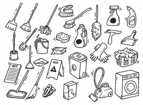 Cleaning Supplies Drawing, Cleaning Doodles, Cleaning Illustration, Clothing Care Symbols, Washing Symbols, Sketch Notes, Journal Doodles, Digital Sticker, Colouring Pages