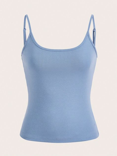 Blue Casual Collar  Knitted Fabric Plain Cami Embellished Medium Stretch  Women Clothing Light Blue Spaghetti Strap Top, Blue Tank Tops, Light Blue Tank Top, Shein Fits, Shein Basics, Blue Cami, Light Blue Shirt, Tøp Aesthetic, Light Blue Top