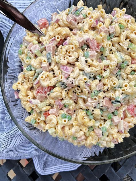 Spam Noodle Salad, L&l Macaroni Salad Recipe, Pasta Salad With Spam, Spam Pasta, Dill Pickle Dressing, Homemade Spam Recipe, Homemade Spam, Macaroni Salad With Ham, Pickle Dressing