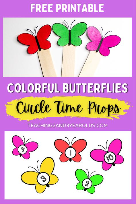 Add these butterfly circle time activity props to your classroom this spring. A fun way to work on color exploration, number recognition, and counting skills! #butterflies #circletime #props #printable #music #teachers #classroom #toddler #preschool #2yearolds #3yearolds #teaching2and3yearolds Spring Circle Time Preschool, Circle Time Props, Butterfly Activities For Preschool, Preschool Butterfly, Preschool Insects, Toddler Spring Activities, Circle Time Activity, Spring Science Activities, Toddler Circle Time