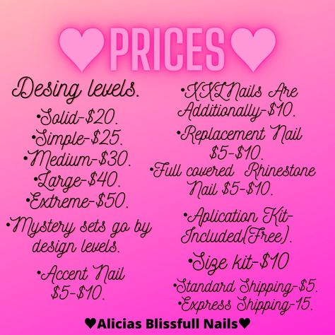 Alicias Blissfull nails 
Press on nails 
Price chart Nail License, Press On Nails Size, Nail Tech School, Shop Name Ideas, Acrylic Nail Supplies, Business Nails, Nail Tutorial Videos, Nails Size, Nail Courses