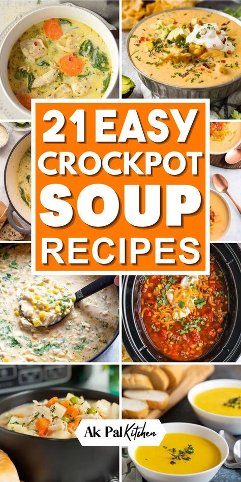 Discover comfort food recipes with our collection of easy and healthy crockpot soup recipes. From hearty crockpot stews to one-pot soup meals including vegetable and chicken soups, and creamy slow cooker chowders, these comforting and budget-friendly crockpot soups are perfect for fall and winter meals. Dive into the world of savory and delicious crockpot soup recipes that will fill your home with irresistible aromas. Healthy Crockpot Recipes For Fall, Easy Healthy Fall Crockpot Meals, Soups For Fall Crock Pot, Soups In Crockpot Easy, Crockpot Soup Recipes Healthy Winter, Fall Crock Pot Soup, Easy Soup Dinner Recipes, Cheap Soup Recipes Crock Pots, Healthy Easy Soups