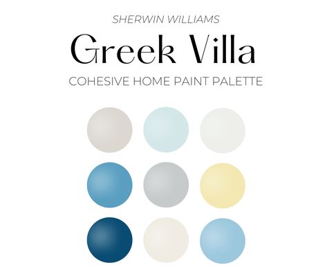 DIGITAL DOWNLOAD ONLY. NO PHYSICAL PAINT SAMPLES WILL BE SENT TO YOU. Introducing our Sherwin Williams Greek Villa Coastal color palette, featuring a serene blend of teal and light pink tones to transport you to the dreamy paradise of Greece. This collection of paint colors is perfect for creating a coastal-inspired vibe in your home, evoking the relaxed and laid-back vibe of the Greek Islands. Whether you're looking to paint a bedroom, living room, or even your front door, these hues will bring a touch of the beach to any room. With a mix of both cool and warm tones, this color palette is versatile and can be used in a variety of different design styles. So why not add a little bit of Greece to your home with our Sherwin Williams Greek Villa color palette today! Each color has been paired Sherwin Williams Greek Villa, Grey Paint Palette, Coastal Paint Palette, Whole House Color Palette, Greek Style Home, Greek Interior Design, Greek Villa Sherwin Williams, House Color Palette, Coastal Blues