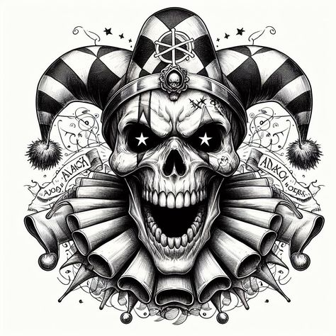 Joker Skull Drawing, Boy Neck Tattoos, Dark Tattoos For Men Creepy, Skull Jester, Clown Skeleton, Joker Stencil, Clown Skull, Clown Tattoos, Easy Tattoos To Draw